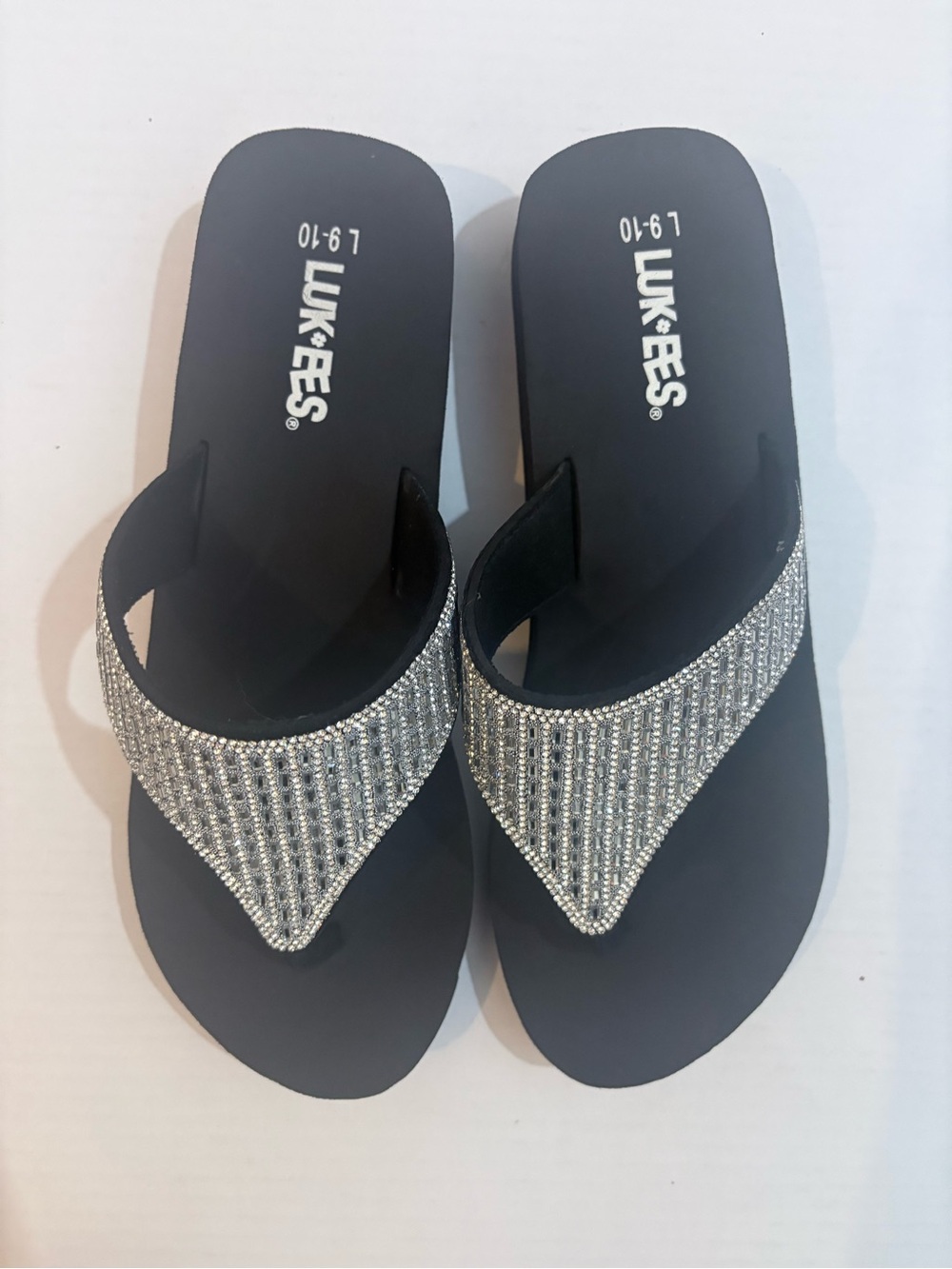 Muk Luks Black Sandals with Silver Rhinestone V-Strap